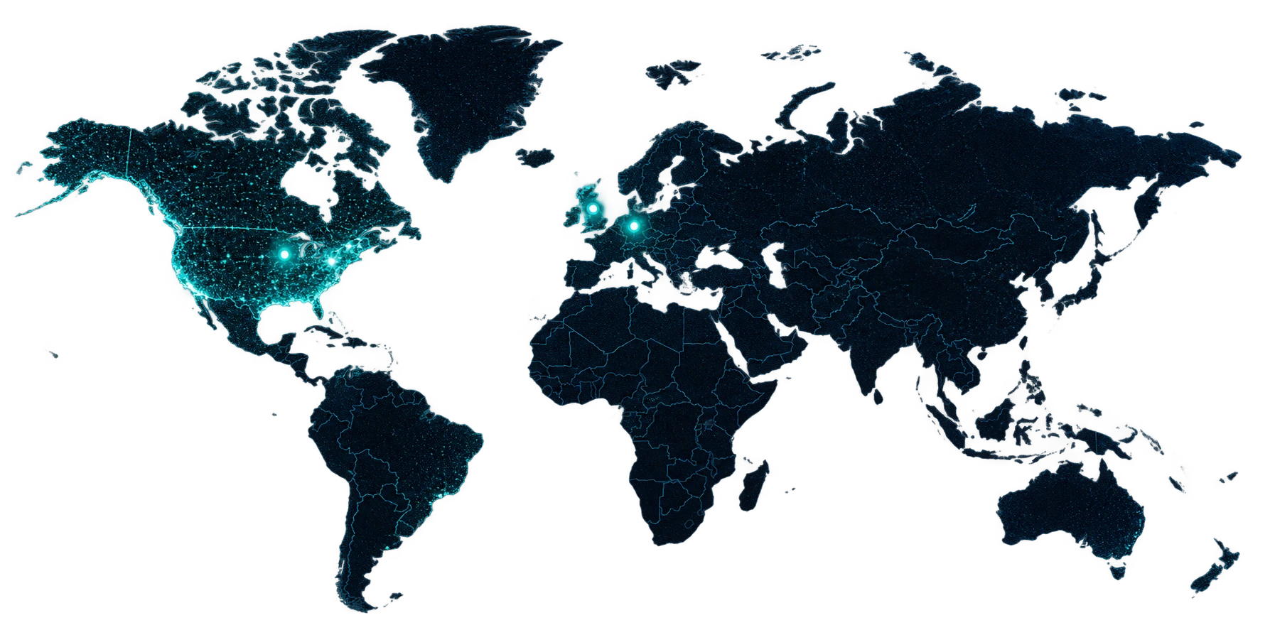 World map with teal markers for North America, the United Kingdom and Germany